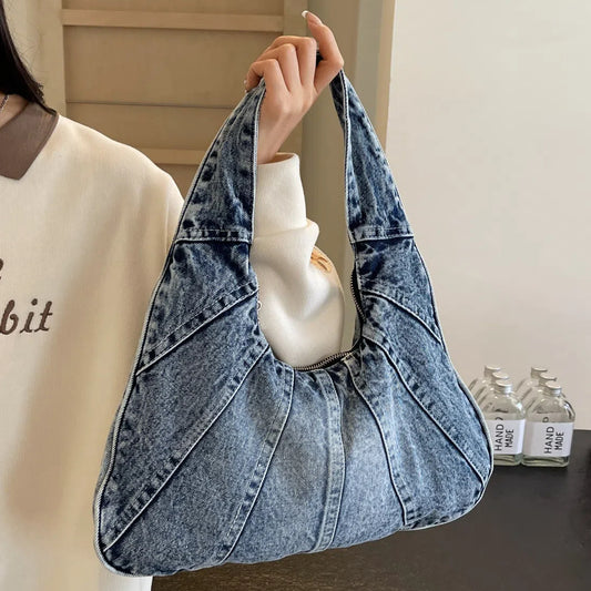 Stylish Denim Underarm Bag - Durable, Spacious, Trendy, Perfect for Daily Use and Shopping, Ideal for Women with Multiple Compartments and Adjustable Straps