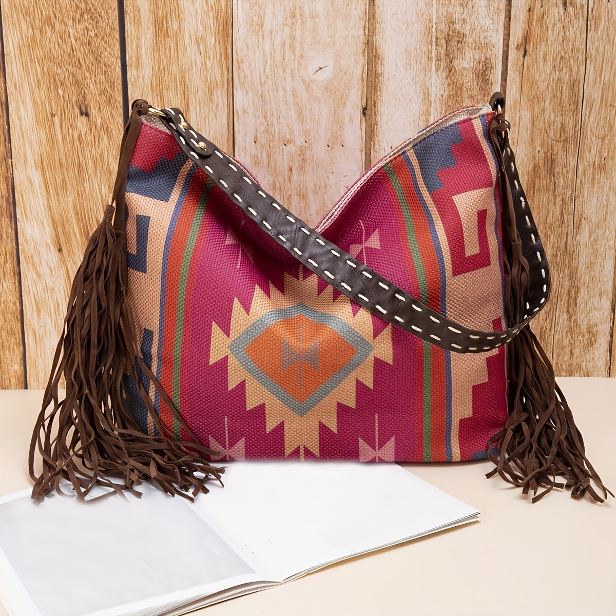 Boho Ethnic Pattern Shoulder Bag for Women with Fringe Decoration and Travel Function