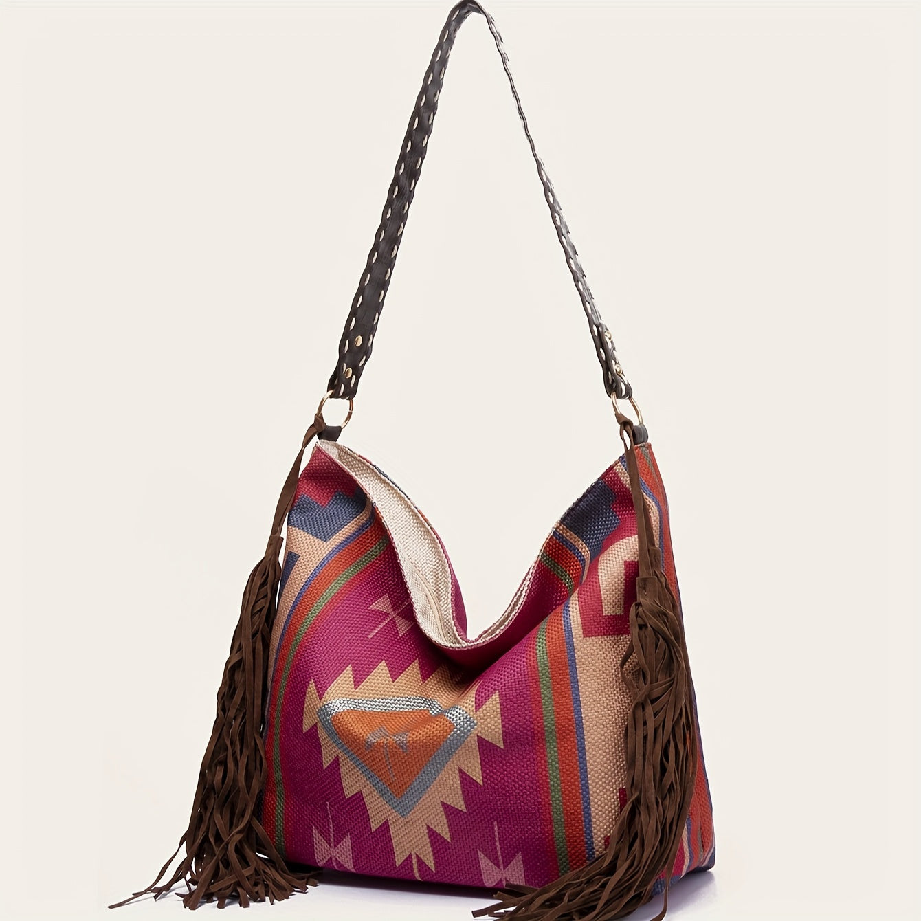 Boho Ethnic Pattern Shoulder Bag for Women with Fringe Decoration and Travel Function