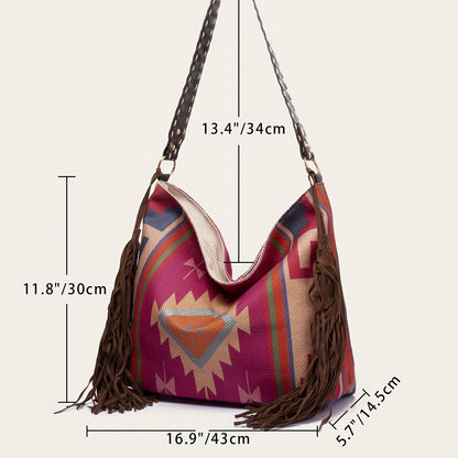 Boho Ethnic Pattern Shoulder Bag for Women with Fringe Decoration and Travel Function