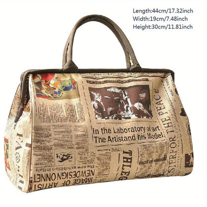 Vintage Chic Newspaper Print Tote Bag - Spacious, Waterproof, and Durable Travel Handbag with Comfortable Shoulder Strap - Perfect for Women on-the-go