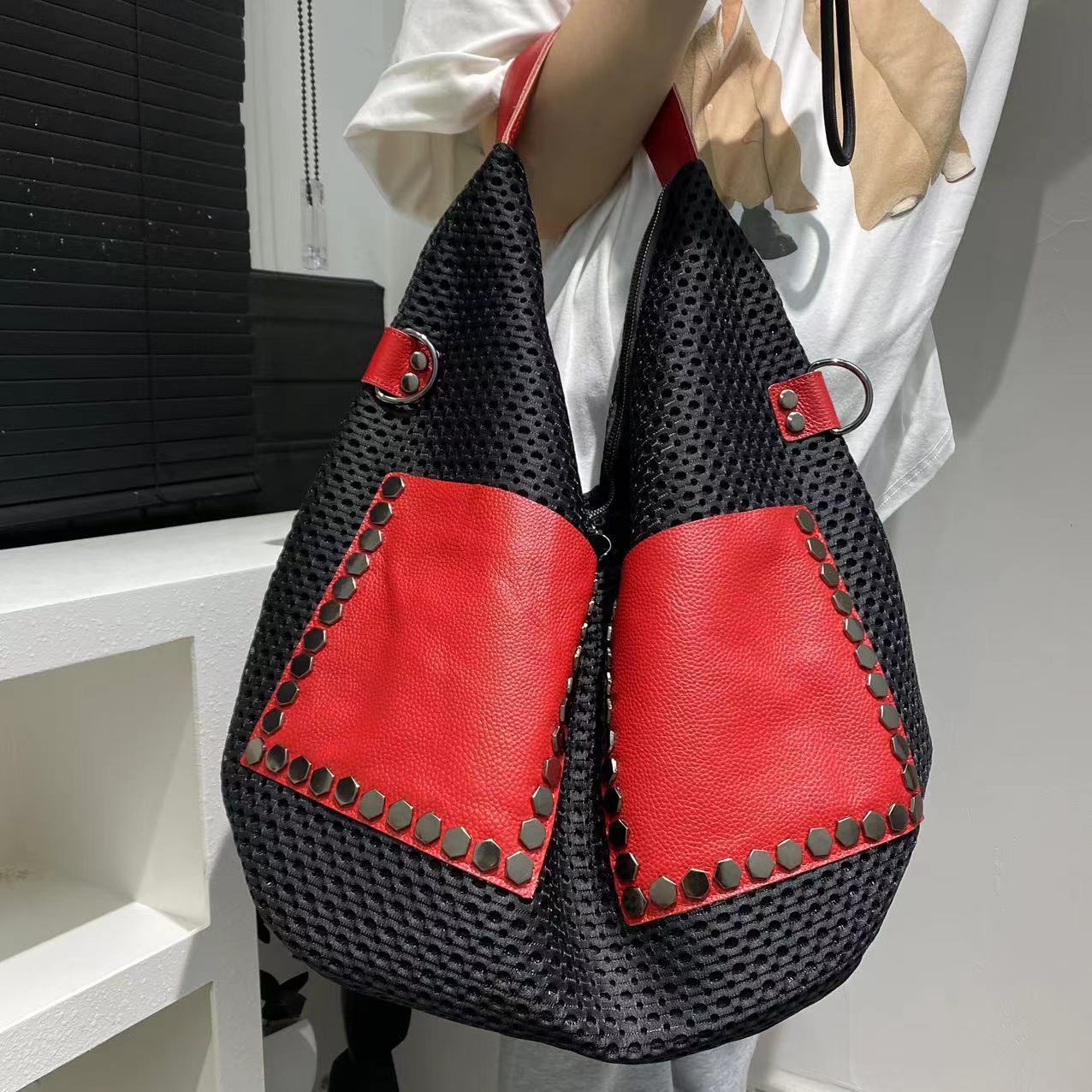 Women's Large Capacity Shoulder Bag For Leisure, Sports, Vacation, Hollowed Out Mesh Tote Bag, Nylon Patchwork Large Handbag