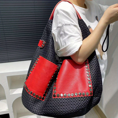 Women's Large Capacity Shoulder Bag For Leisure, Sports, Vacation, Hollowed Out Mesh Tote Bag, Nylon Patchwork Large Handbag