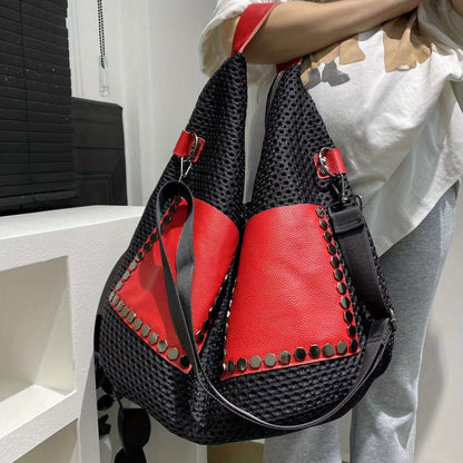 Women's Large Capacity Shoulder Bag For Leisure, Sports, Vacation, Hollowed Out Mesh Tote Bag, Nylon Patchwork Large Handbag