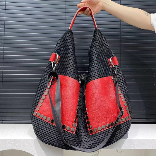 Women's Large Capacity Shoulder Bag For Leisure, Sports, Vacation, Hollowed Out Mesh Tote Bag, Nylon Patchwork Large Handbag