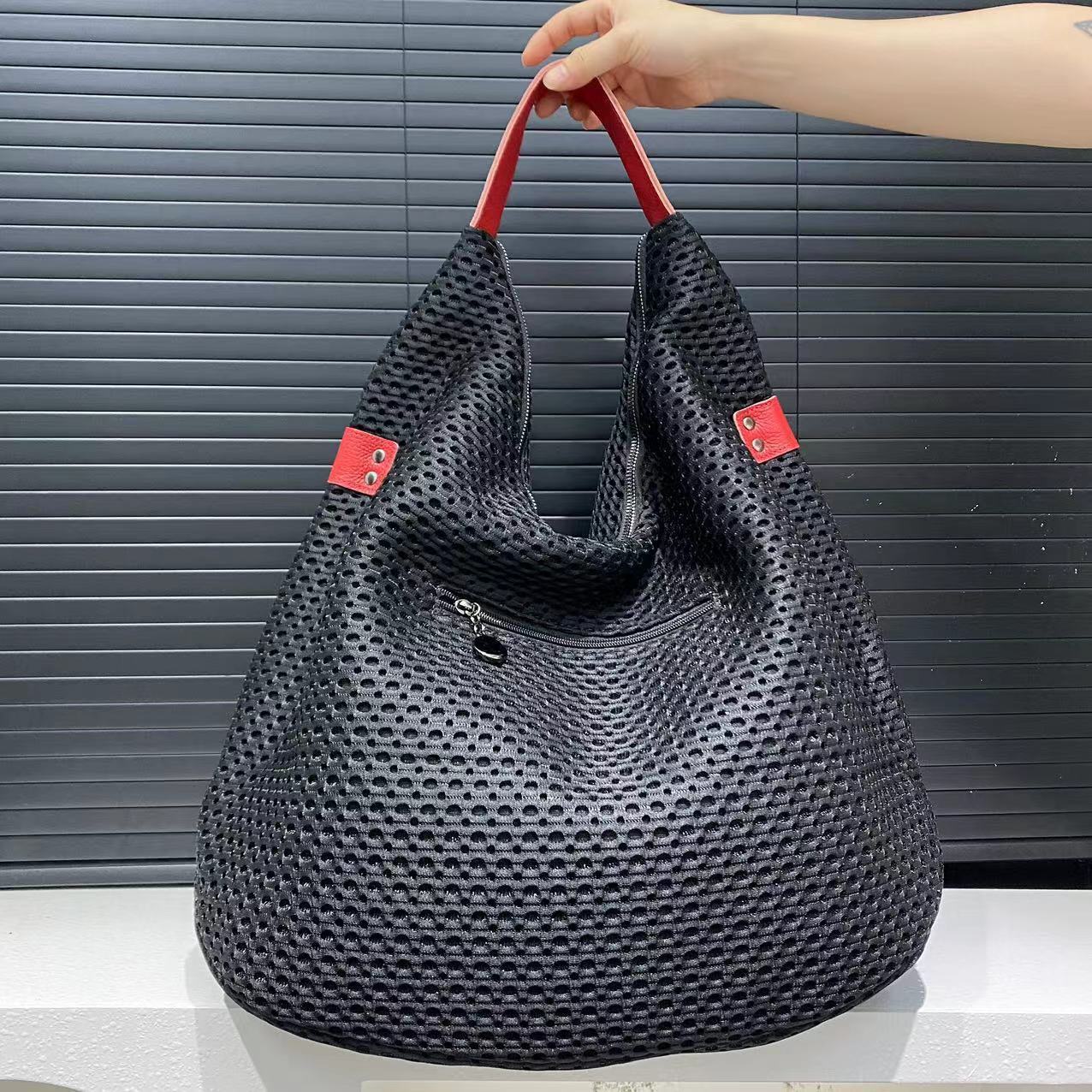 Women's Large Capacity Shoulder Bag For Leisure, Sports, Vacation, Hollowed Out Mesh Tote Bag, Nylon Patchwork Large Handbag