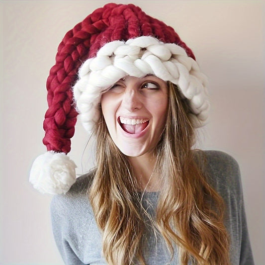 Hand-Knit Santa Claus Cap for Fall/Winter, Polyester Christmas Hat with Pull-On Closure, Lightweight and Fitted for Festive Occasions - Hand Wash Only