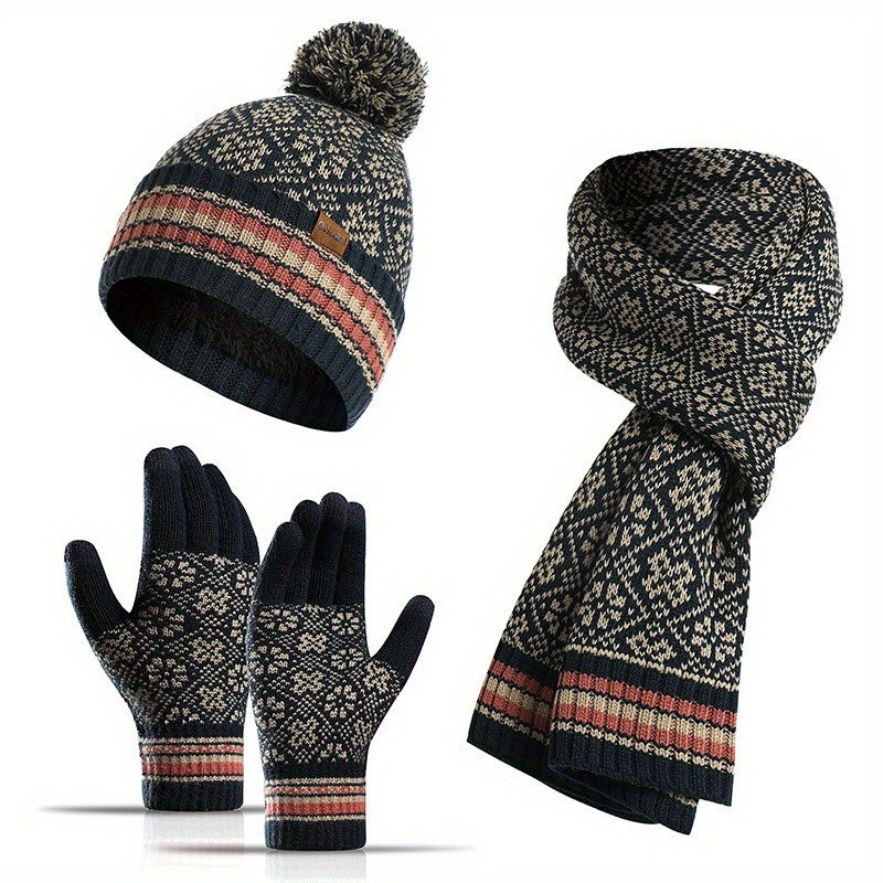 4pcs/set Autumn Winter Warm Knit Hat Gloves Scarf Set 1pc Fleece Lined Beanie Hat & 2pcs Elastic Split Finger Touchscreen Gloves & 1pc Snowflake Jacquard Scarf Combination