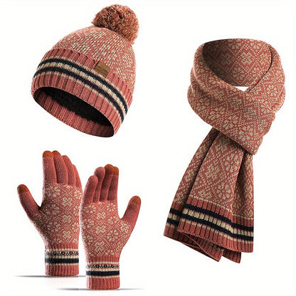 4pcs/set Autumn Winter Warm Knit Hat Gloves Scarf Set 1pc Fleece Lined Beanie Hat & 2pcs Elastic Split Finger Touchscreen Gloves & 1pc Snowflake Jacquard Scarf Combination