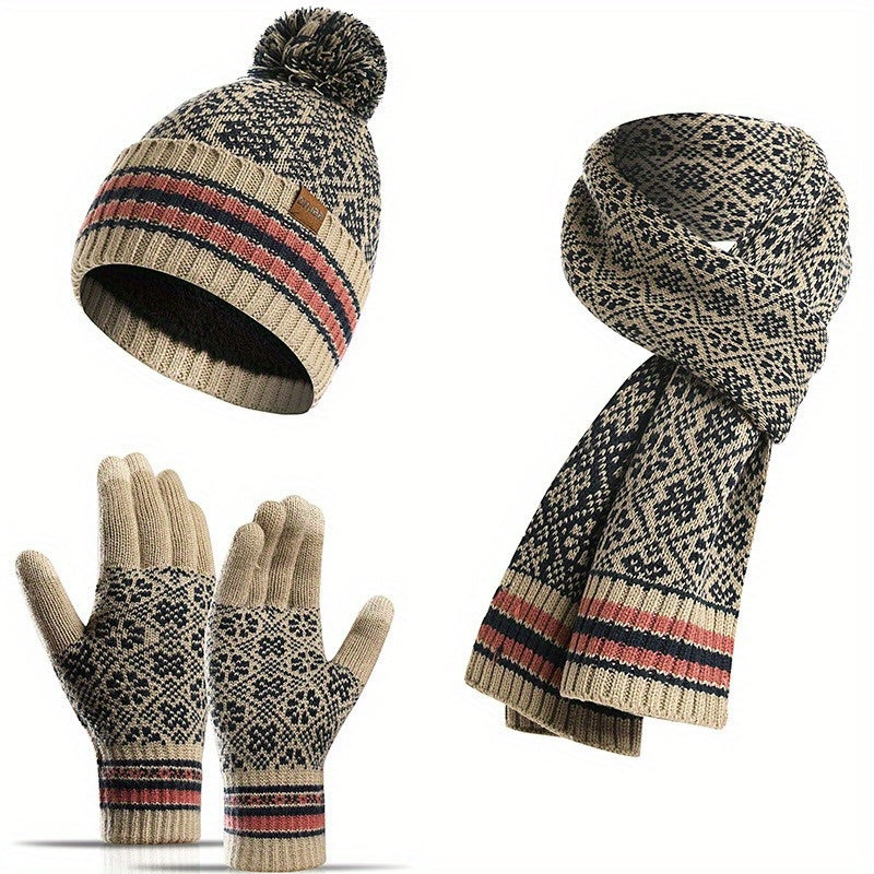 4pcs/set Autumn Winter Warm Knit Hat Gloves Scarf Set 1pc Fleece Lined Beanie Hat & 2pcs Elastic Split Finger Touchscreen Gloves & 1pc Snowflake Jacquard Scarf Combination