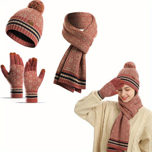 4pcs/set Autumn Winter Warm Knit Hat Gloves Scarf Set 1pc Fleece Lined Beanie Hat & 2pcs Elastic Split Finger Touchscreen Gloves & 1pc Snowflake Jacquard Scarf Combination