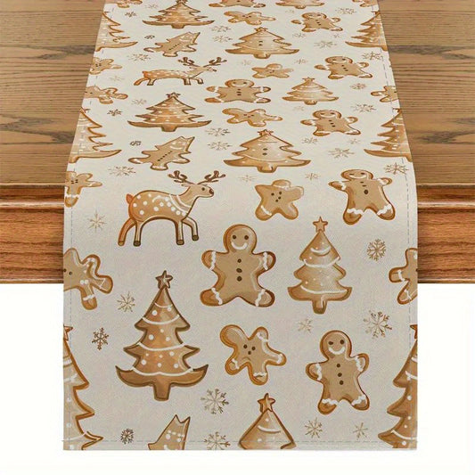 Christmas Polyester Table Runner - Machine Washable Rectangular Table Decoration with Gingerbread Man and Tree Motifs for Holiday Dining and Home Decor