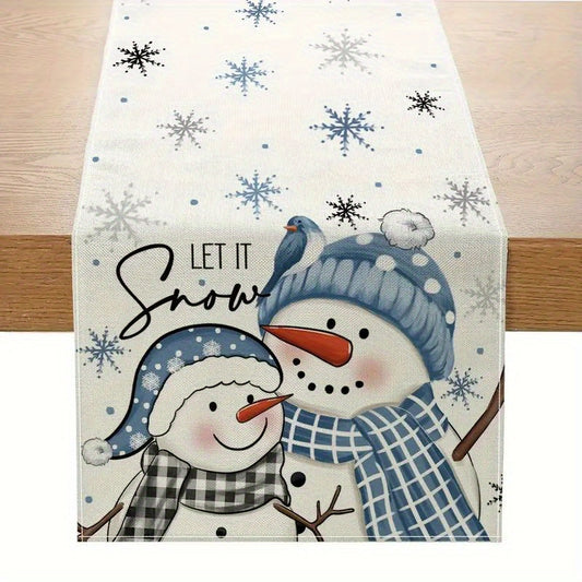 Festive Christmas Table Runner: Single-sided Snowman & Snowflake Design, Suitable for Winter Holiday Kitchen & Dining Room Decorations