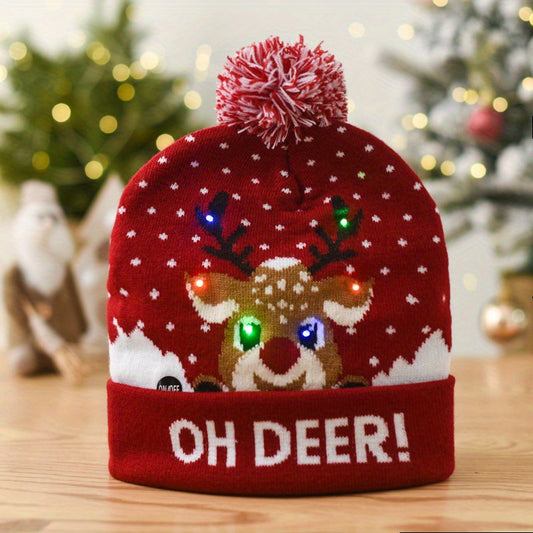 Festive LED Beanie Hats with Pom Poms - Christmas-Themed Knit Caps with Decorative Patterns, Battery-Powered (Included), One-Time Use - Pack of 1