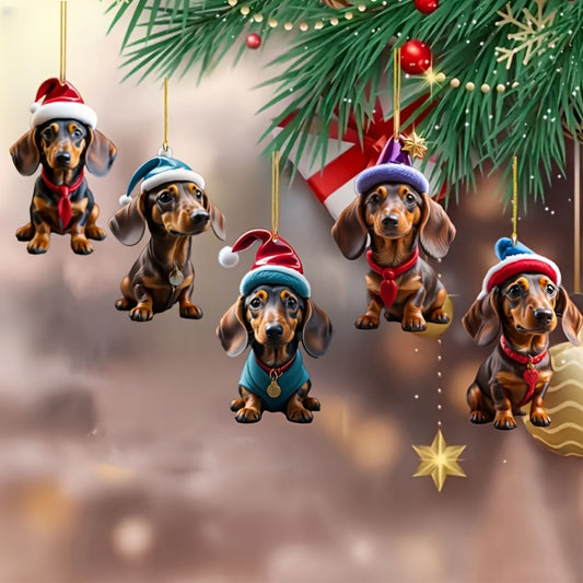 5pcs Adorable Dachshund Puppies with Christmas Hats - Classic Acrylic Ornaments for Holiday Tree Decorations