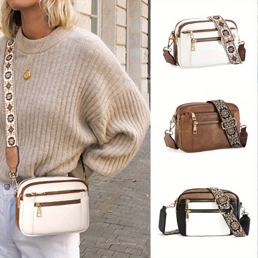 New Ladies Colorblocking Multifunctional Zipper Crossbody Square Bag PU Shoulder Bag Purse Adjustable Shoulder Strap