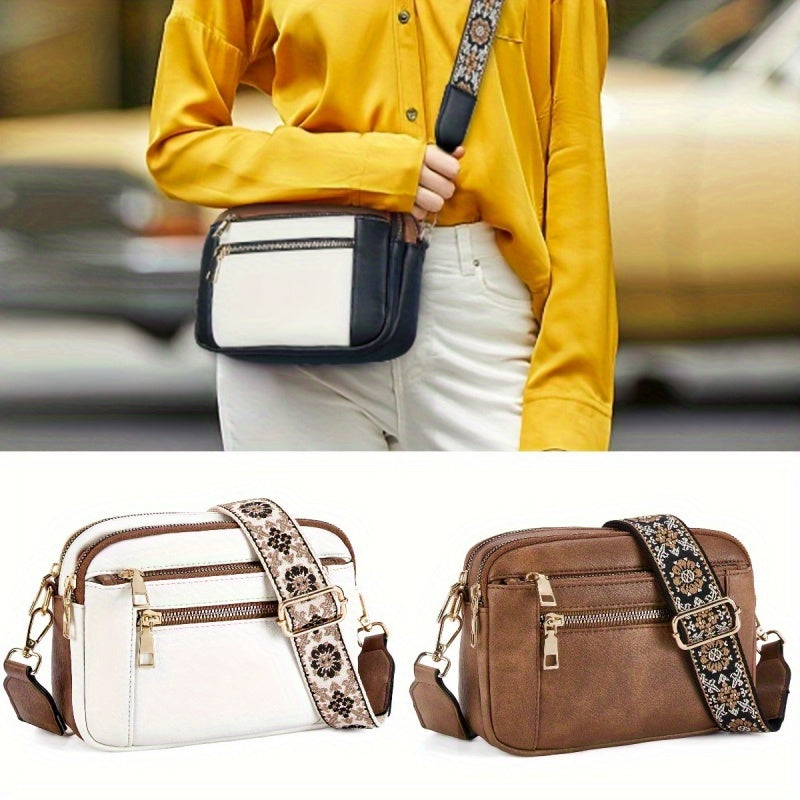 New Ladies Colorblocking Multifunctional Zipper Crossbody Square Bag PU Shoulder Bag Purse Adjustable Shoulder Strap