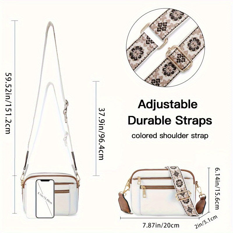 New Ladies Colorblocking Multifunctional Zipper Crossbody Square Bag PU Shoulder Bag Purse Adjustable Shoulder Strap