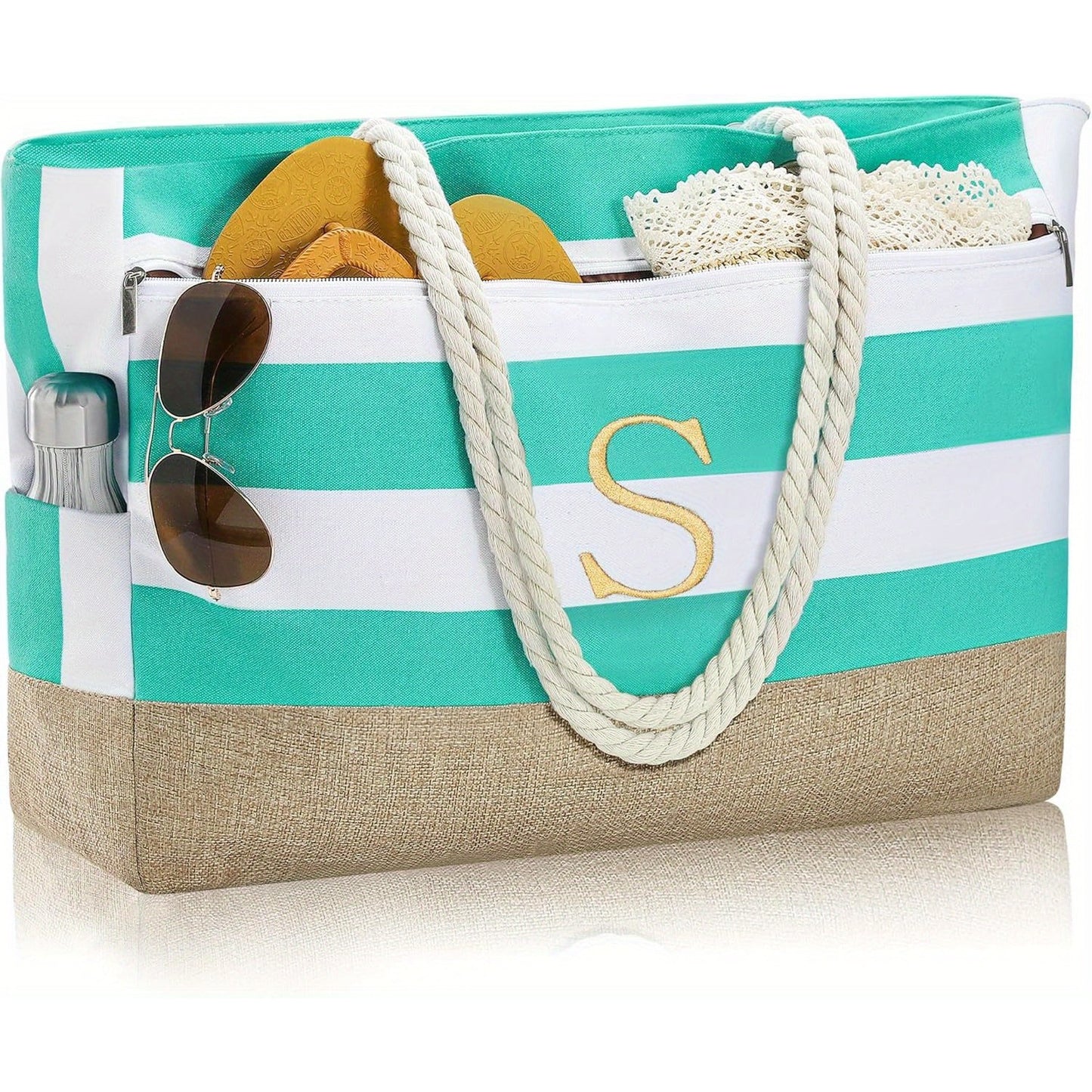 [Fast Arrival] Large Personalized Initial Beach Tote Bag - Spacious Zipper Bag for Women - Perfect Birthday Gift, Travel, Beach Essential, Stylish and Durable Companion