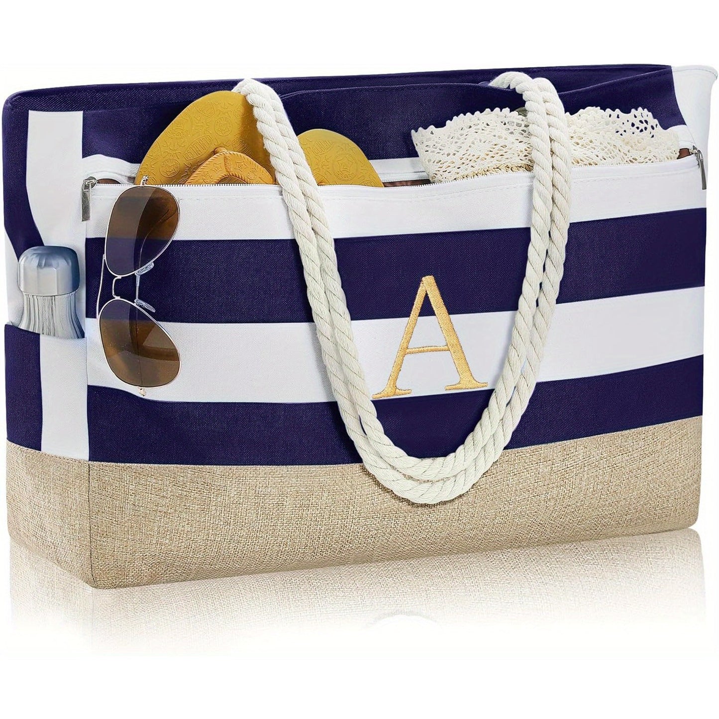 [Fast Arrival] Large Personalized Initial Beach Tote Bag - Spacious Zipper Bag for Women - Perfect Birthday Gift, Travel, Beach Essential, Stylish and Durable Companion