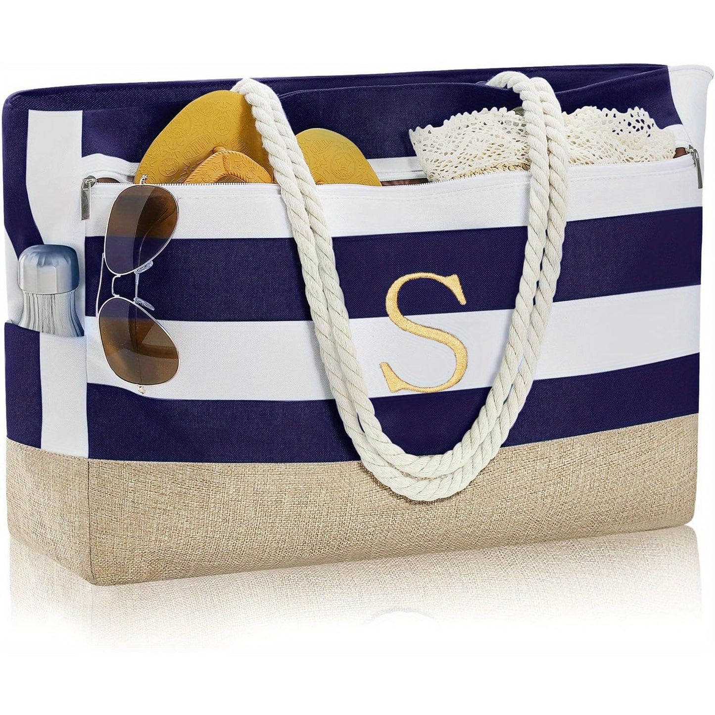 [Fast Arrival] Large Personalized Initial Beach Tote Bag - Spacious Zipper Bag for Women - Perfect Birthday Gift, Travel, Beach Essential, Stylish and Durable Companion