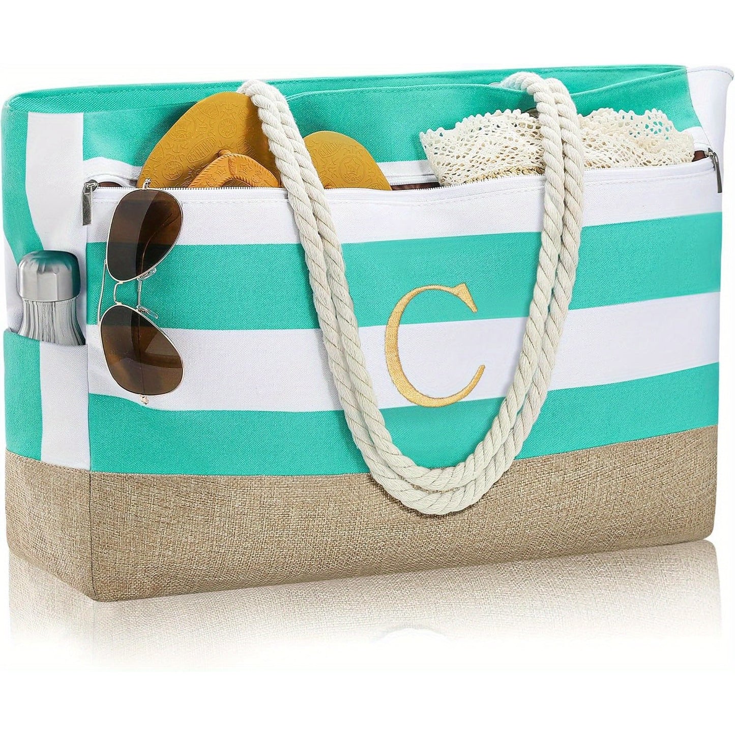 [Fast Arrival] Large Personalized Initial Beach Tote Bag - Spacious Zipper Bag for Women - Perfect Birthday Gift, Travel, Beach Essential, Stylish and Durable Companion