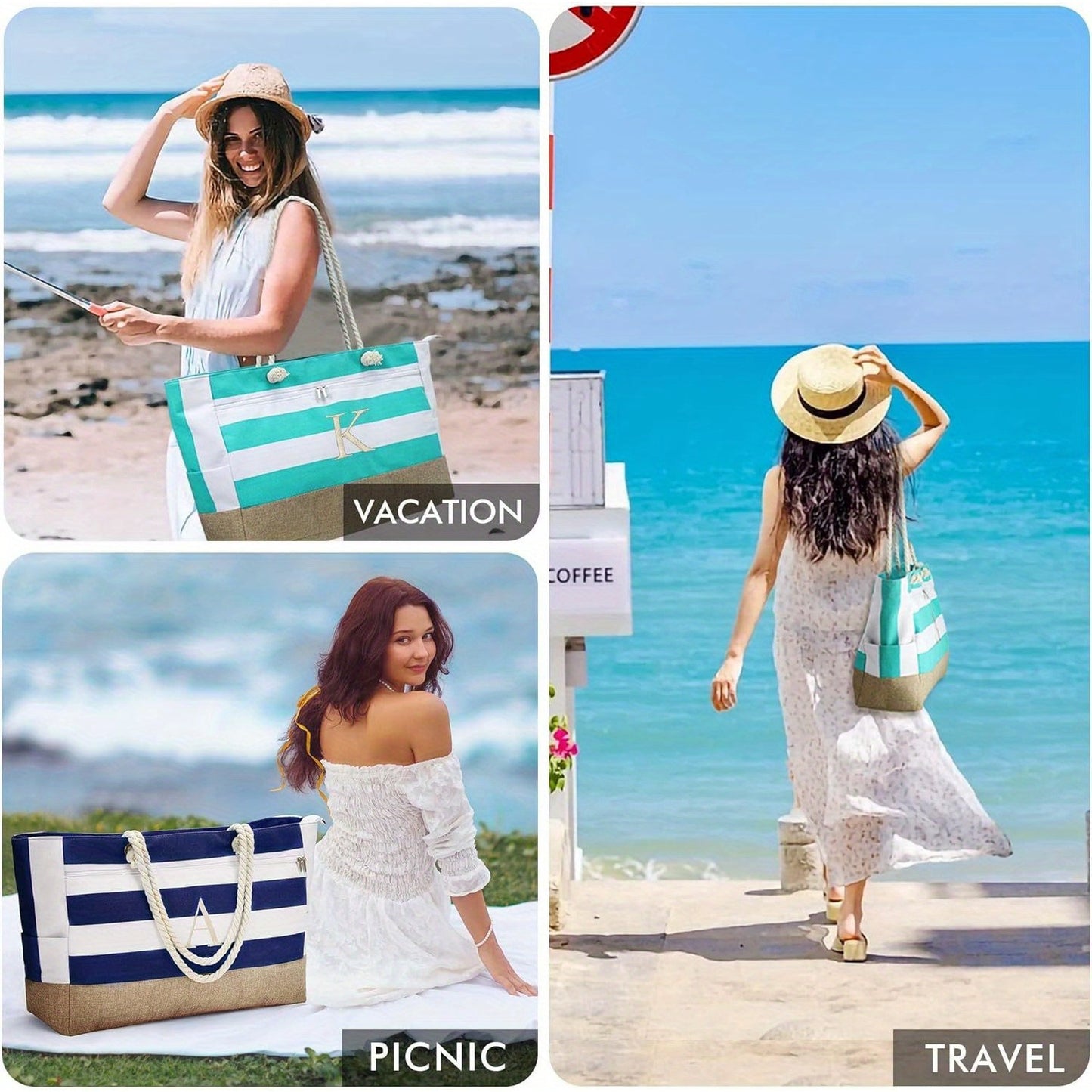 [Fast Arrival] Large Personalized Initial Beach Tote Bag - Spacious Zipper Bag for Women - Perfect Birthday Gift, Travel, Beach Essential, Stylish and Durable Companion