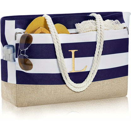 [Fast Arrival] Large Personalized Initial Beach Tote Bag - Spacious Zipper Bag for Women - Perfect Birthday Gift, Travel, Beach Essential, Stylish and Durable Companion