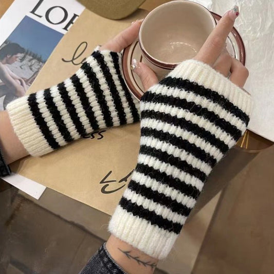 Chic Striped Knit Fingerless Gloves for Women - Warm & Windproof, Stretchy Acrylic, Perfect for Fall & Winter Casual Wear