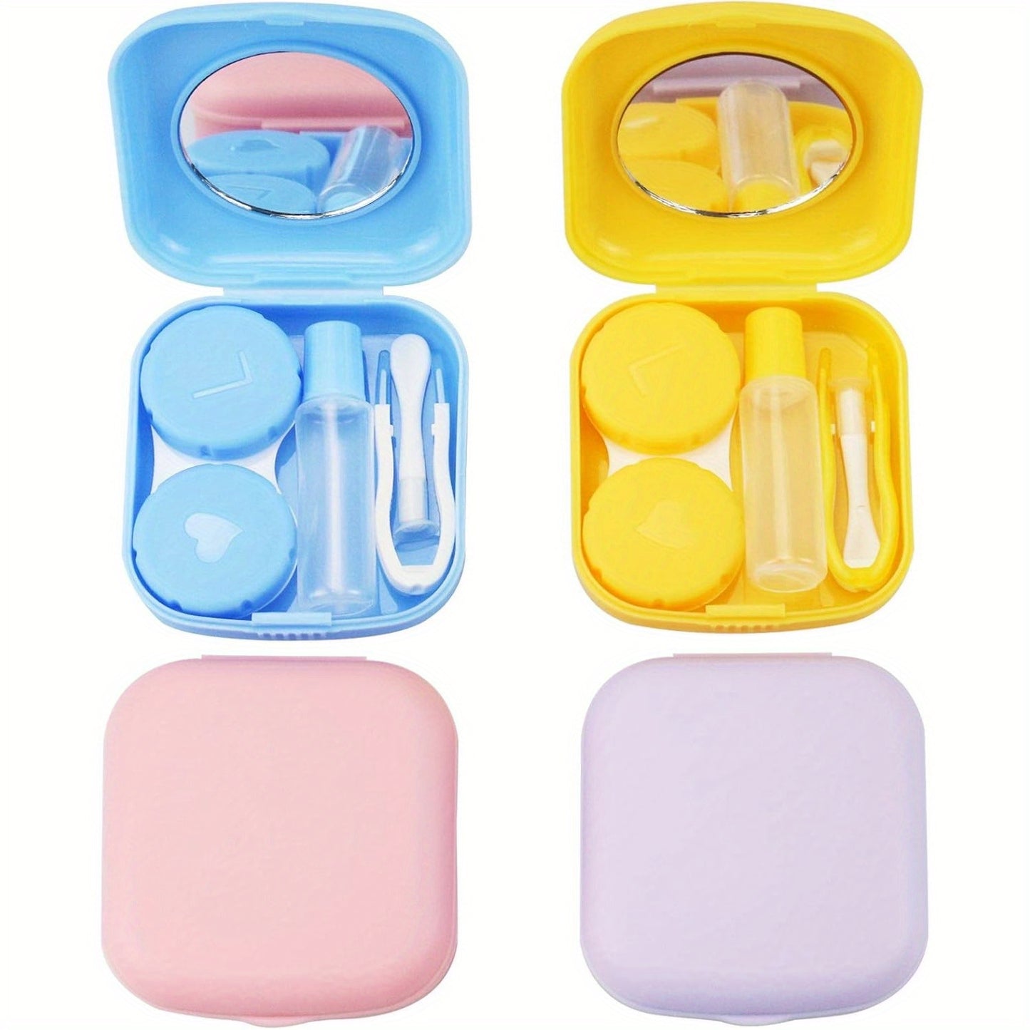 4pcs Contact Lens Travel Kit: Cute & Durable Case Set with Tweezers - Includes Soak Storage, Holder & Remover Tool - Perfect for On-the-Go & Home Use (Sky Blue/Pink/Violet/Yellow)