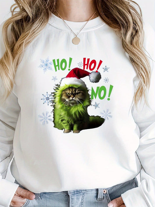 Ho Ho No - Funny Bad Cat Christmas, Gich Woman's Cozy Classic Print Pullover Sweater, Casual Long Sleeve Crew Neck Sweater