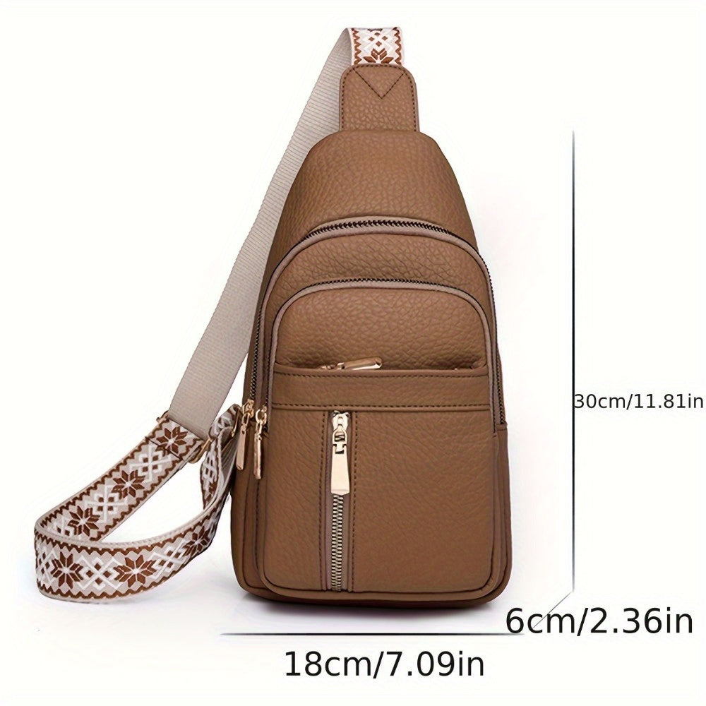 Vintage Multi-Pocket PU Leather Women's Chest Bag, Zipper Crossbody Shoulder Bag for Leisure Sports