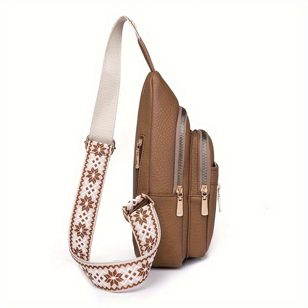 Vintage Multi-Pocket PU Leather Women's Chest Bag, Zipper Crossbody Shoulder Bag for Leisure Sports