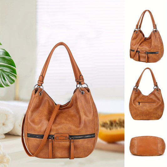 [Fast Arrival] Vintage Style Soft PU Leather Hobo Tote Bag - Spacious Women's Shoulder Bag with Satchel Design, Multiple Compartments, and Stylish Handbag Accent - Perfect for Daily Use and Travel