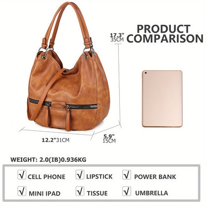 [Fast Arrival] Vintage Style Soft PU Leather Hobo Tote Bag - Spacious Women's Shoulder Bag with Satchel Design, Multiple Compartments, and Stylish Handbag Accent - Perfect for Daily Use and Travel