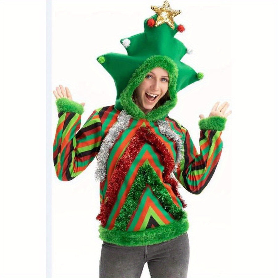 Women Men Christmas Hoodie, Long Sleeve Tree Hooded Sweatshirt Contrast Color Cosplay Costume