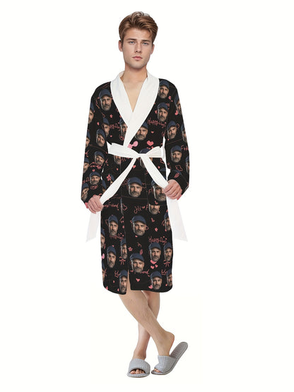 Custom Cute Heart Print Long Sleeve Bathrobe, Men's Mid-Length Sleepwear With Belt, Casual Shawl Collar Home Wear, All-Season