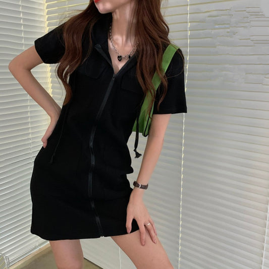 INS Fashion Zipper Dress Women's 2024 New Summer Korean Style Loose Western Style Casual Short Sleeve Hooded Top