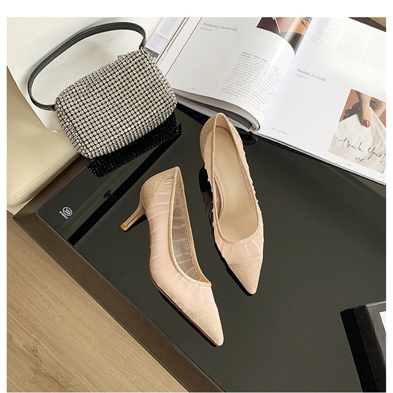 Lace Pointed Toe Mesh Stiletto Heel Pumps Women's  Autumn New Fairy Style Sexy High Heels Shallow Mouth Wedding Shoes