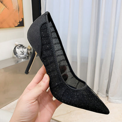 Lace Pointed Toe Mesh Stiletto Heel Pumps Women's  Autumn New Fairy Style Sexy High Heels Shallow Mouth Wedding Shoes