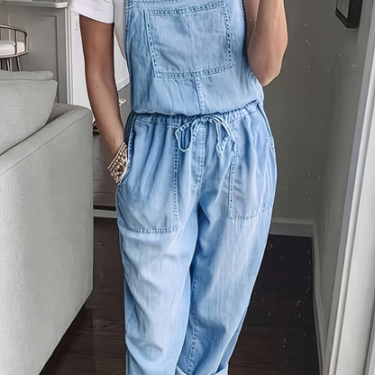 Womens Solid Color Drawstring Waist Non-Stretch Denim Jumpsuit - Casual Fashion Overalls with Patched Pockets, Adjustable Hem, and Relaxed Fit - Perfect for All Seasons