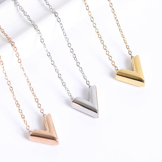 HOTan and NEWn New Fashion Titanium Steel V-Shaped Female Necklace Simple Rose Gold Clavicle Chain Pendant Ornament Factory Wholesale