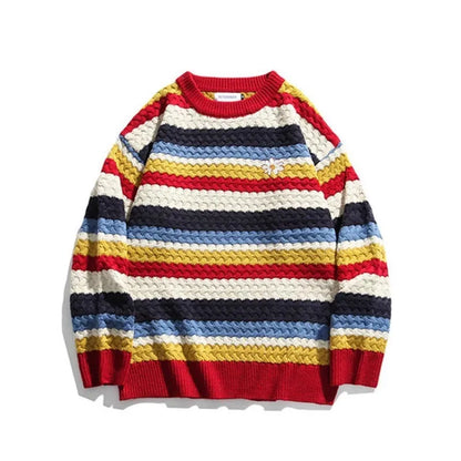 Mens Sweaters Harajuku Streetwear Daisy Rainbow Striped Vintage Knitted Sweater Autumn Winter Loose Thicken Warm Hip Hop Pullover Sweater Men 221008