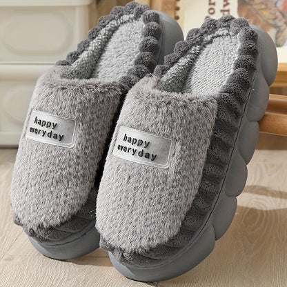 Cozy Women'S Slippers: Soft Fleece, Rubber Sole, And Festive 'Happy Everyday' Label