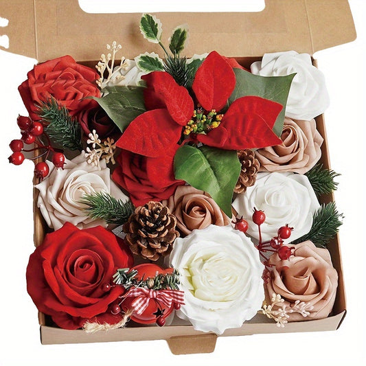 Artificial Christmas Flowers Set, Red Roses & Greenery, DIY Wedding Bouquet, Centerpiece, Home & Kitchen Decor, Plastic, All-Season, for Living Room, Christmas, Halloween, Easter, Thanksgiving, St. Patrick's Day, Rose Type, Tabletop Display, No Power Requ