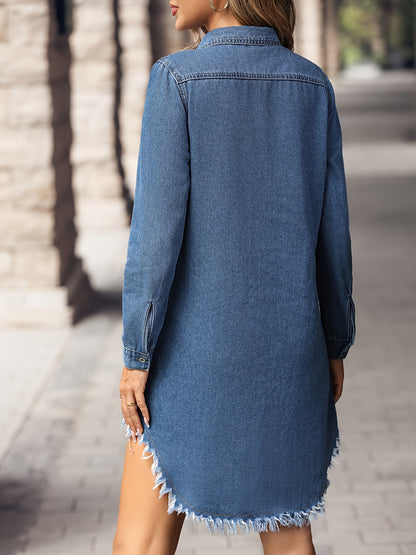 Women's Ripped Raw Hem Long Sleeve Single-breasted Elegant Plain Washed Blue Fashion Denim Dress