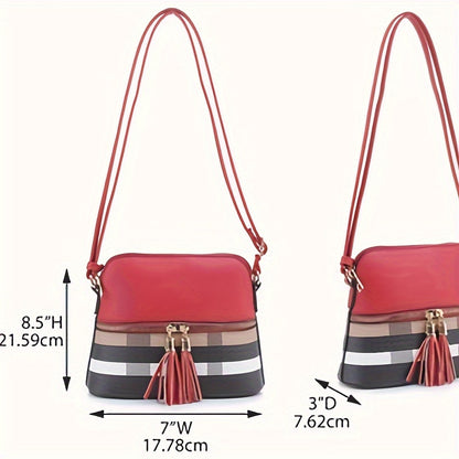 Stylish Plaid Print Dome Shoulder Bag - Zipper Closure, Tassel Decor, Versatile Crossbody Bag For Women