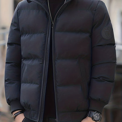 Men's Chic Puffer Jacket, Casual Stand Collar Padded Jacket For Fall Winter