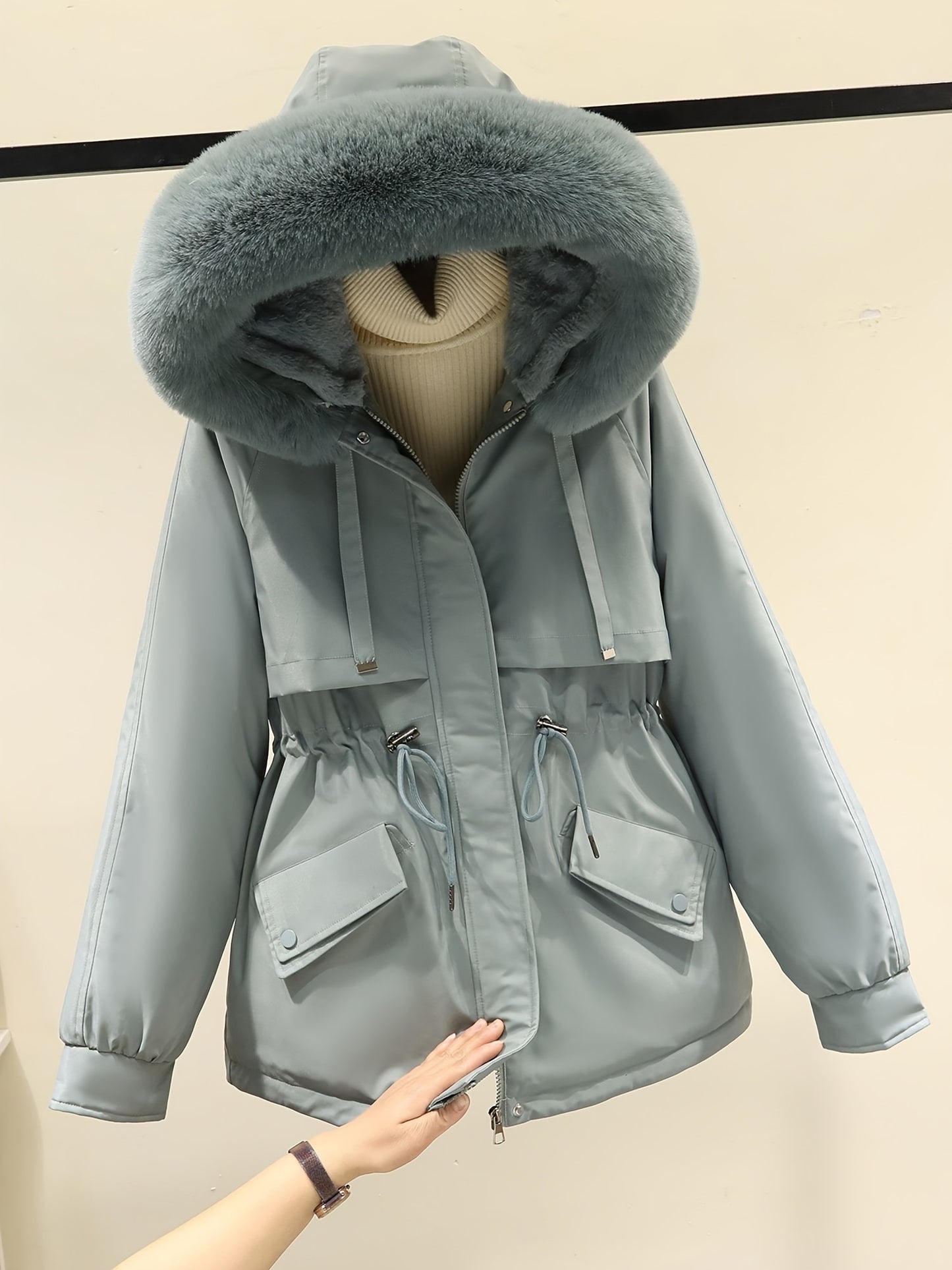 Women's Casual Versatile Fashion Pocket Clip Thick Warm Hooded Detachable Hat Clothes Coat