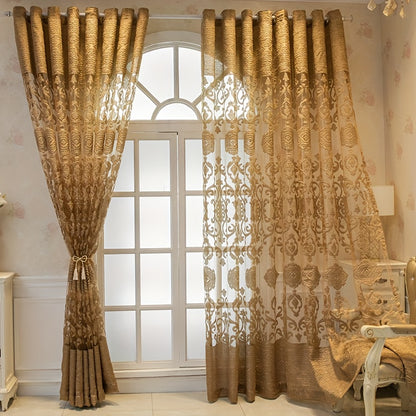 2pcs European-style Golden Jacquard Curtains, Grommet Top Curtain Living Room Bedroom Study Dining Room Balcony Office And Other Home Decoration, Room Decoration